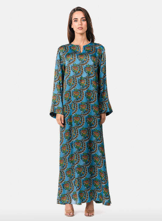 Italian Turquoise Scallop Viscose Satin Caftan