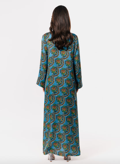 Italian Turquoise Scallop Viscose Satin Caftan