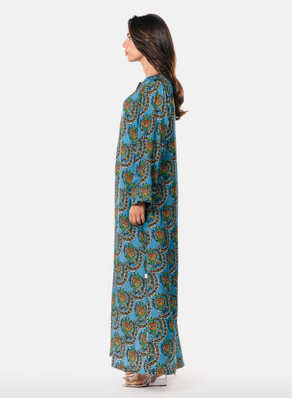 Italian Turquoise Scallop Viscose Satin Caftan