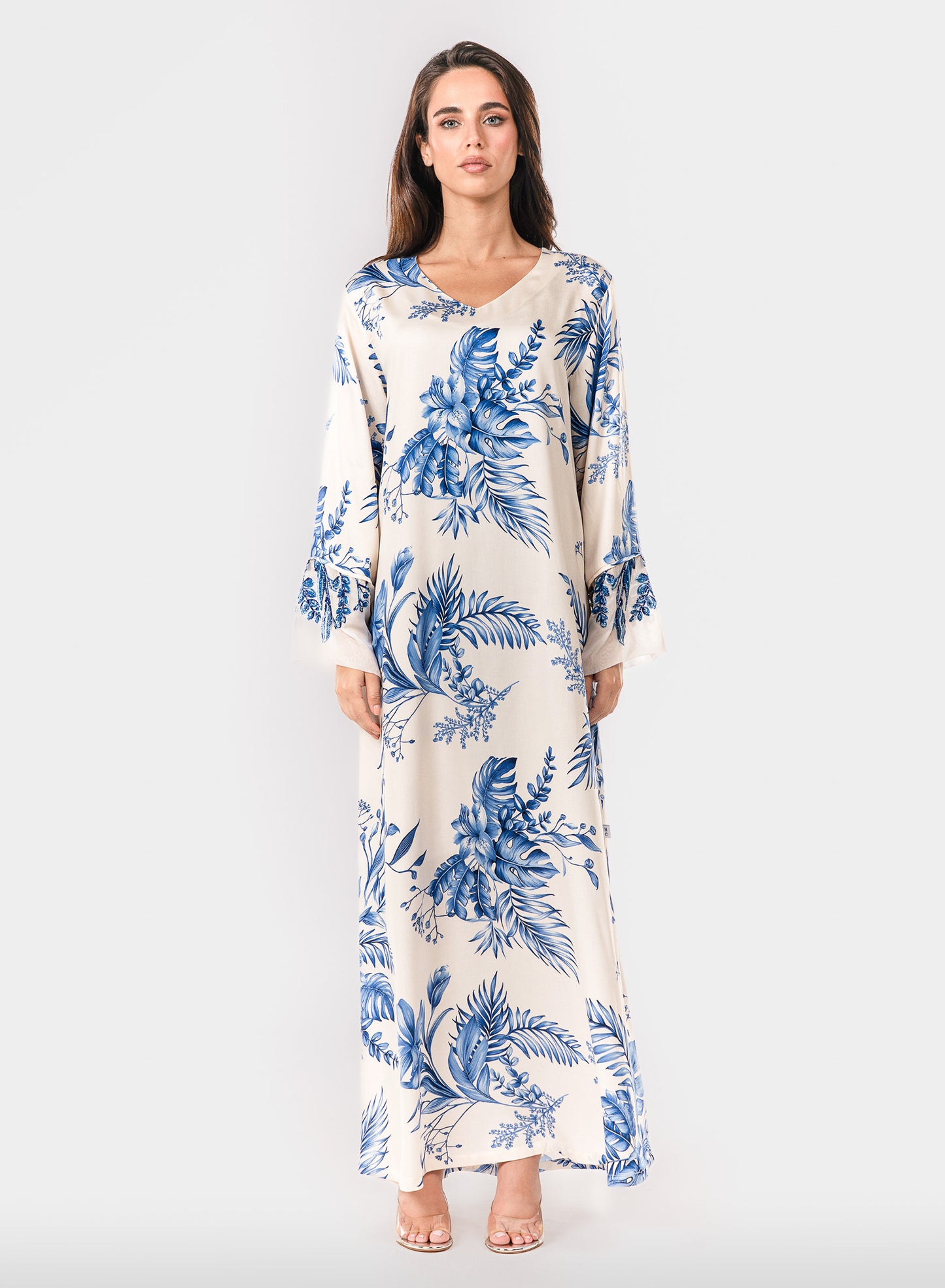 Italian Floral 3D Embroidered Azure Botanica Viscose Satin Caftan