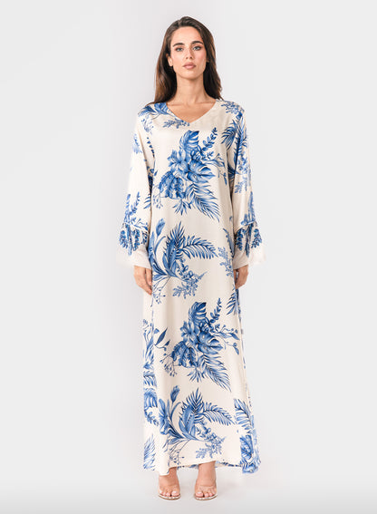 Italian Floral 3D Embroidered Azure Botanica Viscose Satin Caftan