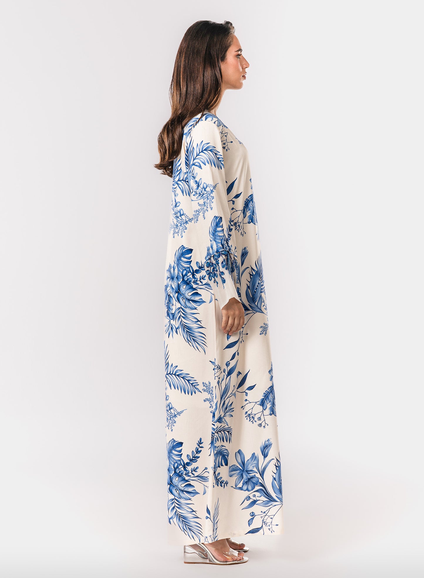 Italian Floral 3D Embroidered Azure Botanica Viscose Satin Caftan