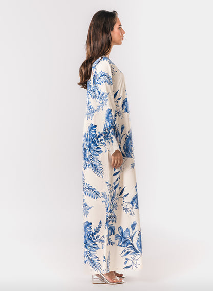 Italian Floral 3D Embroidered Azure Botanica Viscose Satin Caftan