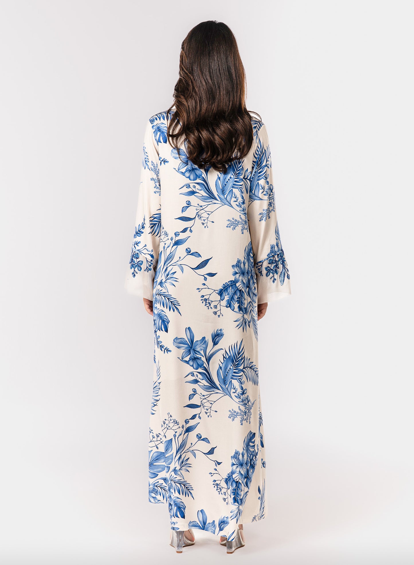 Italian Floral 3D Embroidered Azure Botanica Viscose Satin Caftan