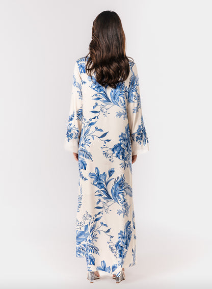 Italian Floral 3D Embroidered Azure Botanica Viscose Satin Caftan