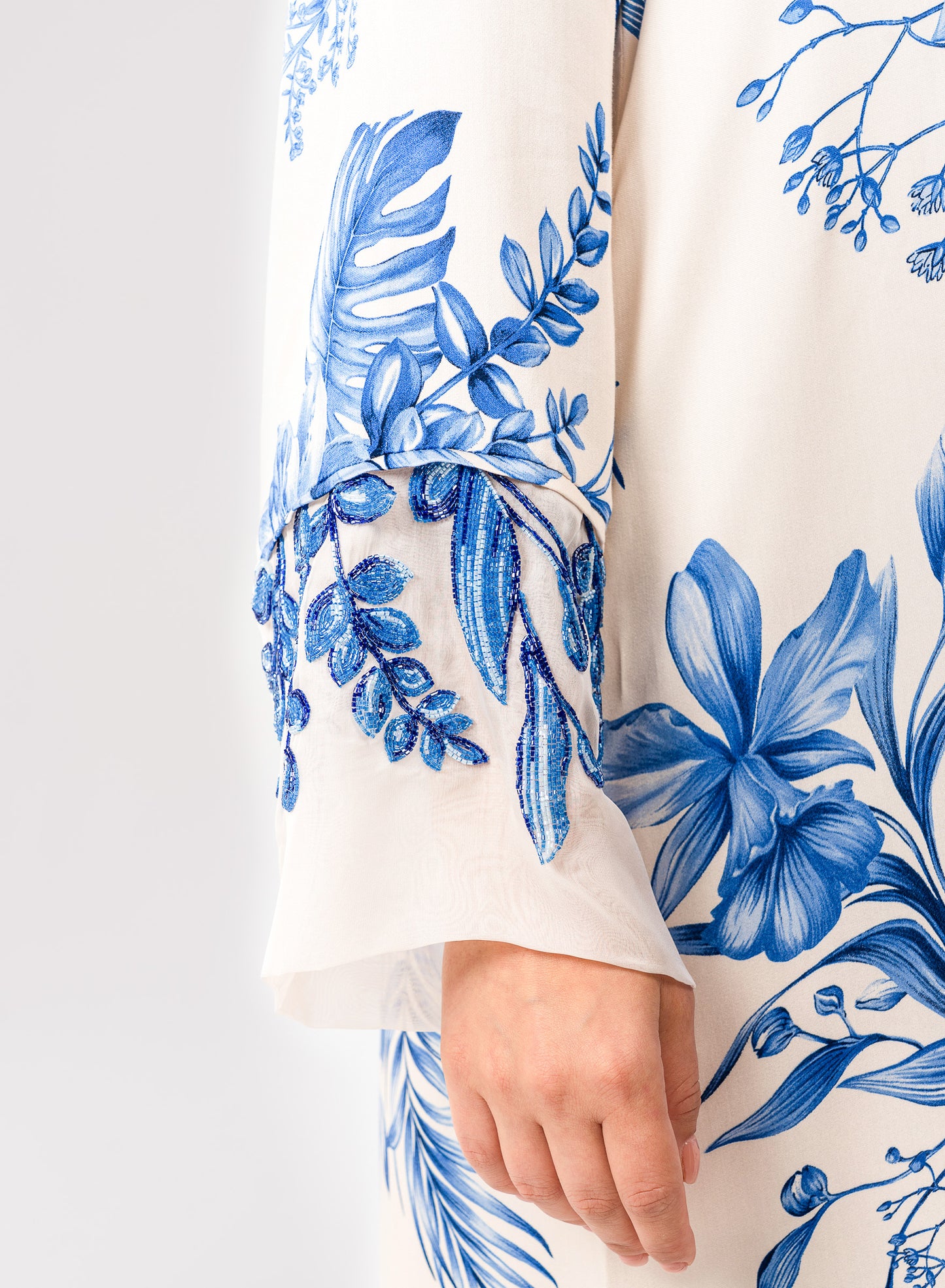 Italian Floral 3D Embroidered Azure Botanica Viscose Satin Caftan