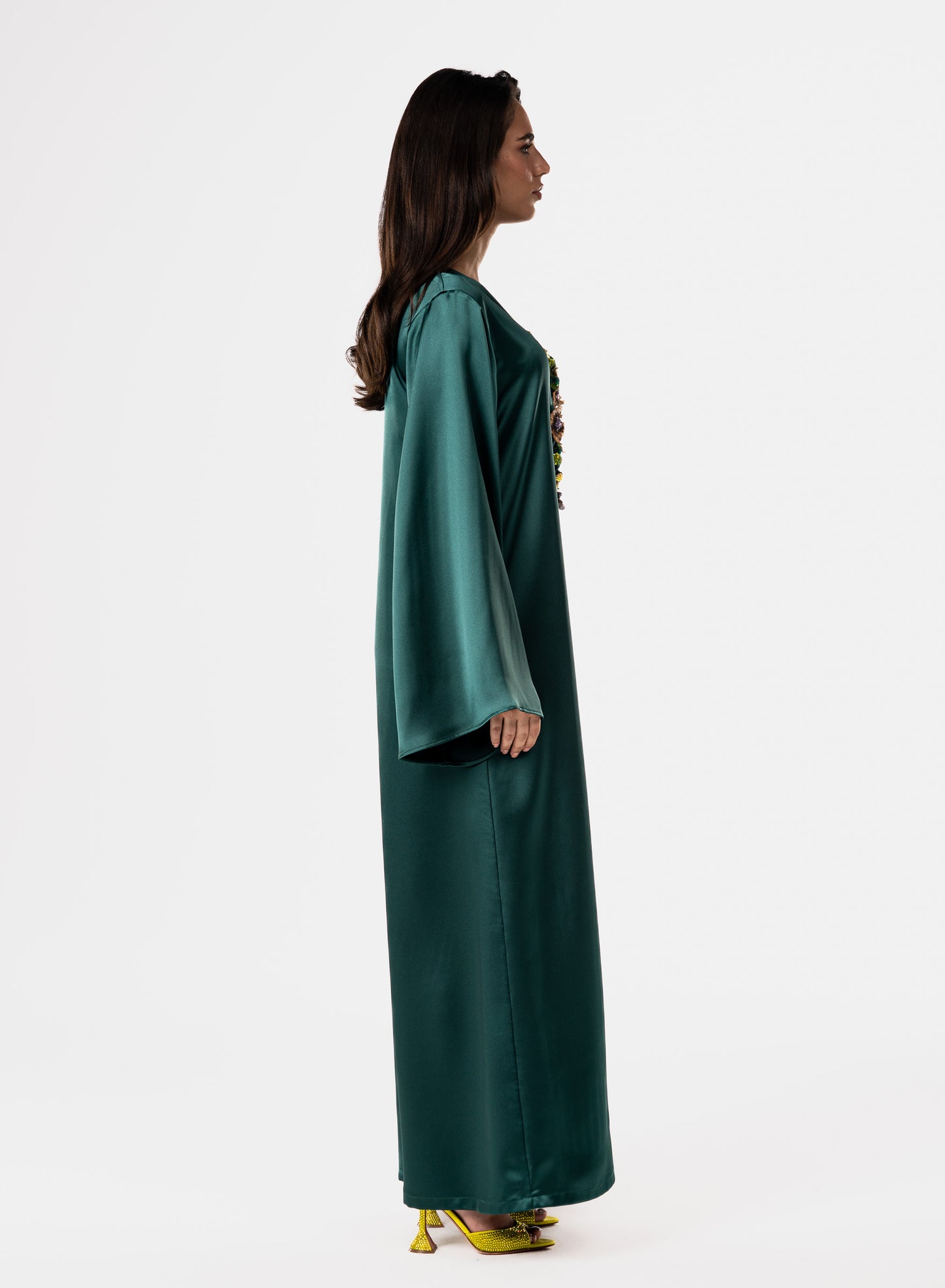 Luxury Floral 3D Embroidered Forest Green Crepe Satin Caftan