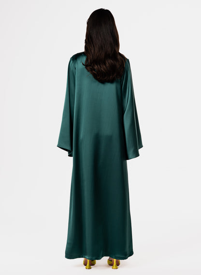 Luxury Floral 3D Embroidered Forest Green Crepe Satin Caftan