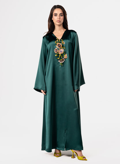 Luxury Floral 3D Embroidered Forest Green Crepe Satin Caftan