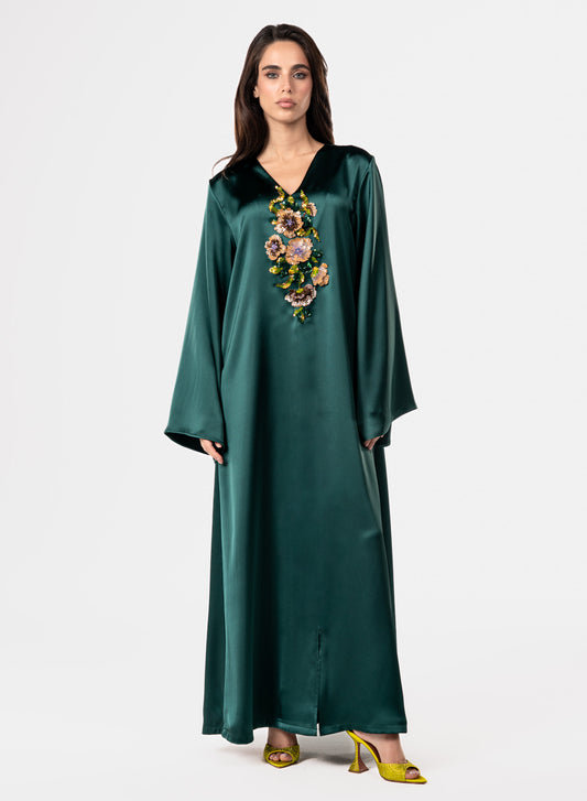 Luxury Floral 3D Embroidered Forest Green Crepe Satin Caftan