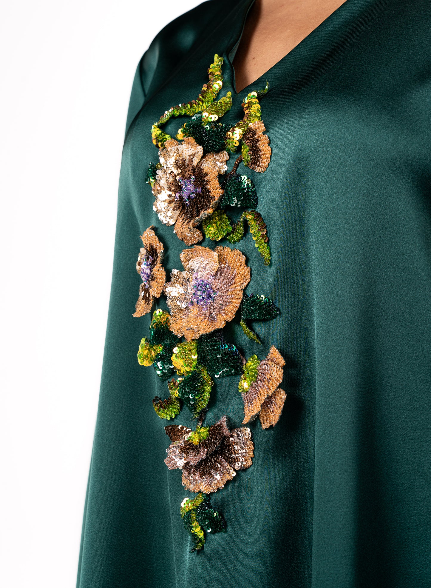 Luxury Floral 3D Embroidered Forest Green Crepe Satin Caftan