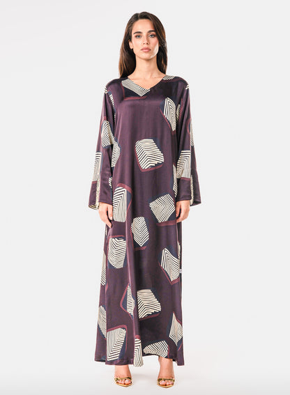 Italian Midnight Geometry Beadwork Viscose Satin Caftan