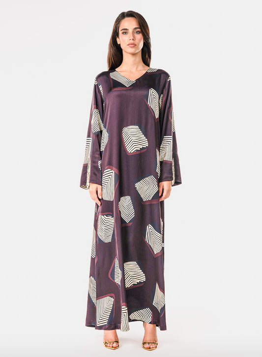 Italian Midnight Geometry Beadwork Viscose Satin Caftan