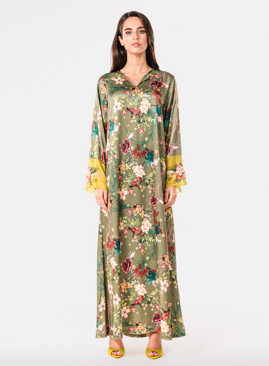 Italian Floral 3D Embroidered Olive Bloom Viscose Satin Caftan
