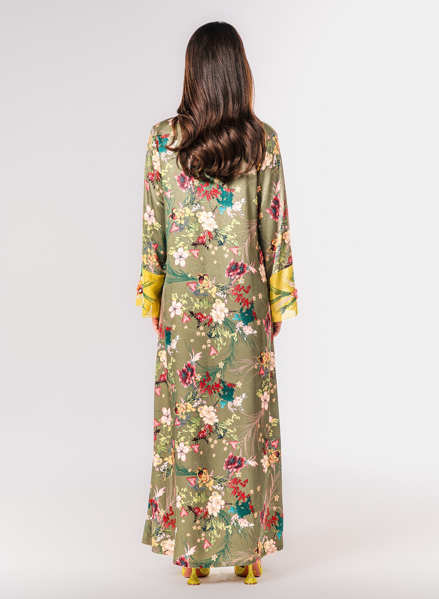 Italian Floral 3D Embroidered Olive Bloom Viscose Satin Caftan