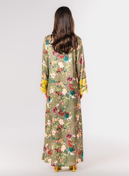 Italian Floral 3D Embroidered Olive Bloom Viscose Satin Caftan