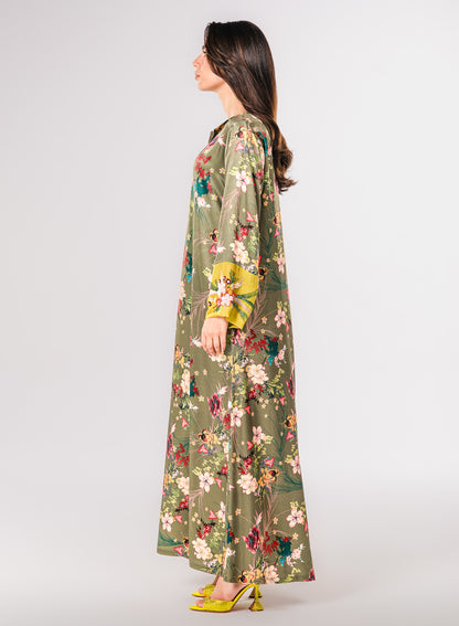 Italian Floral 3D Embroidered Olive Bloom Viscose Satin Caftan