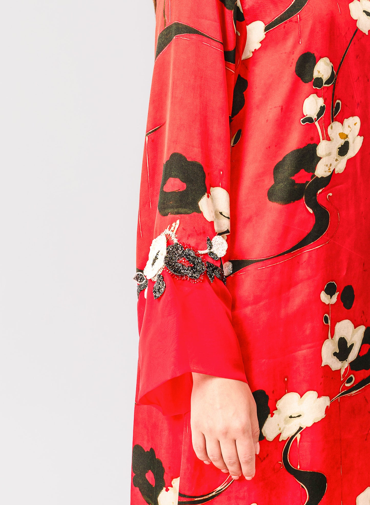 Italian Floral 3D Embroidered Rouge Jardin Viscose Satin Caftan