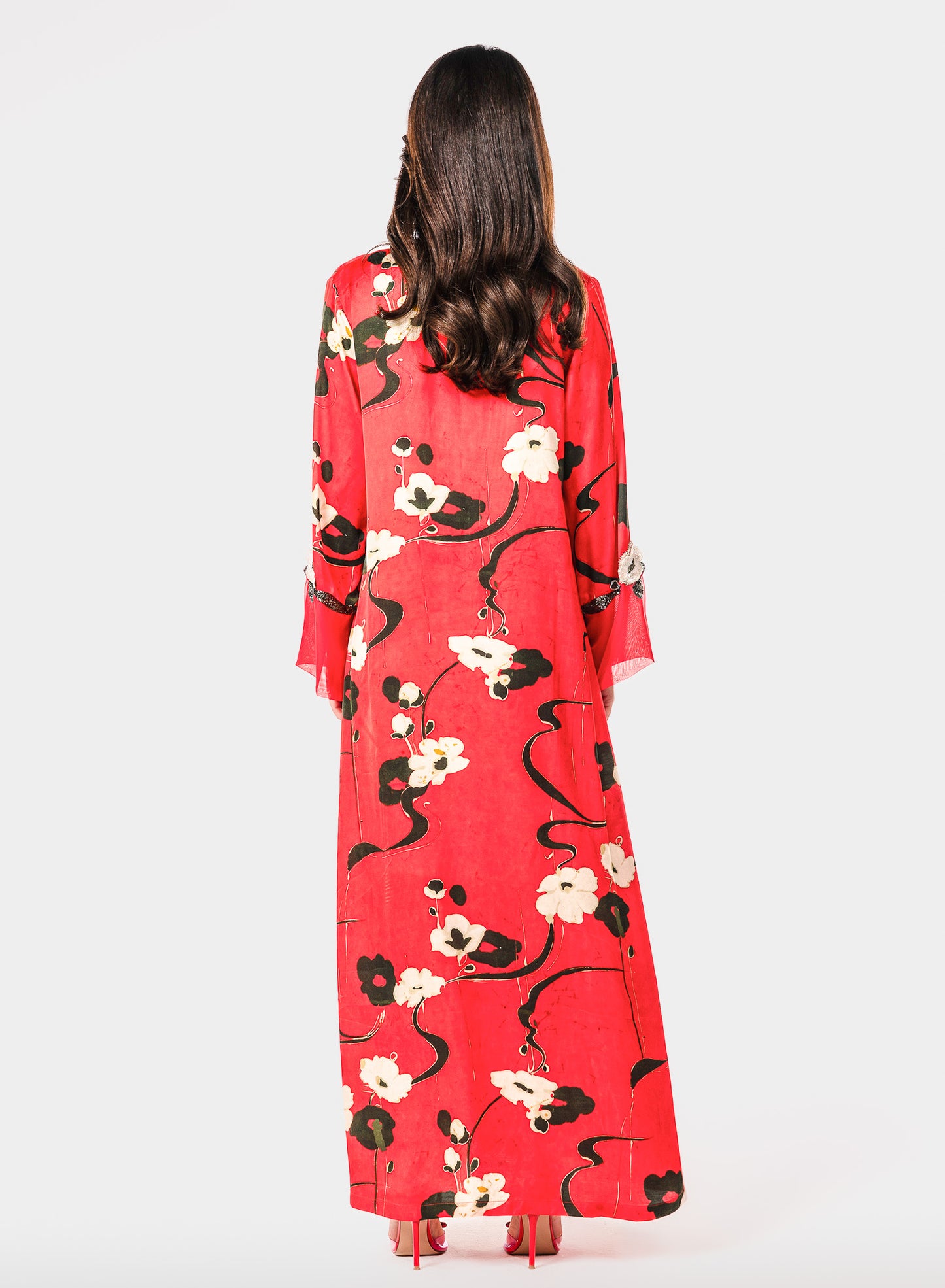 Italian Floral 3D Embroidered Rouge Jardin Viscose Satin Caftan