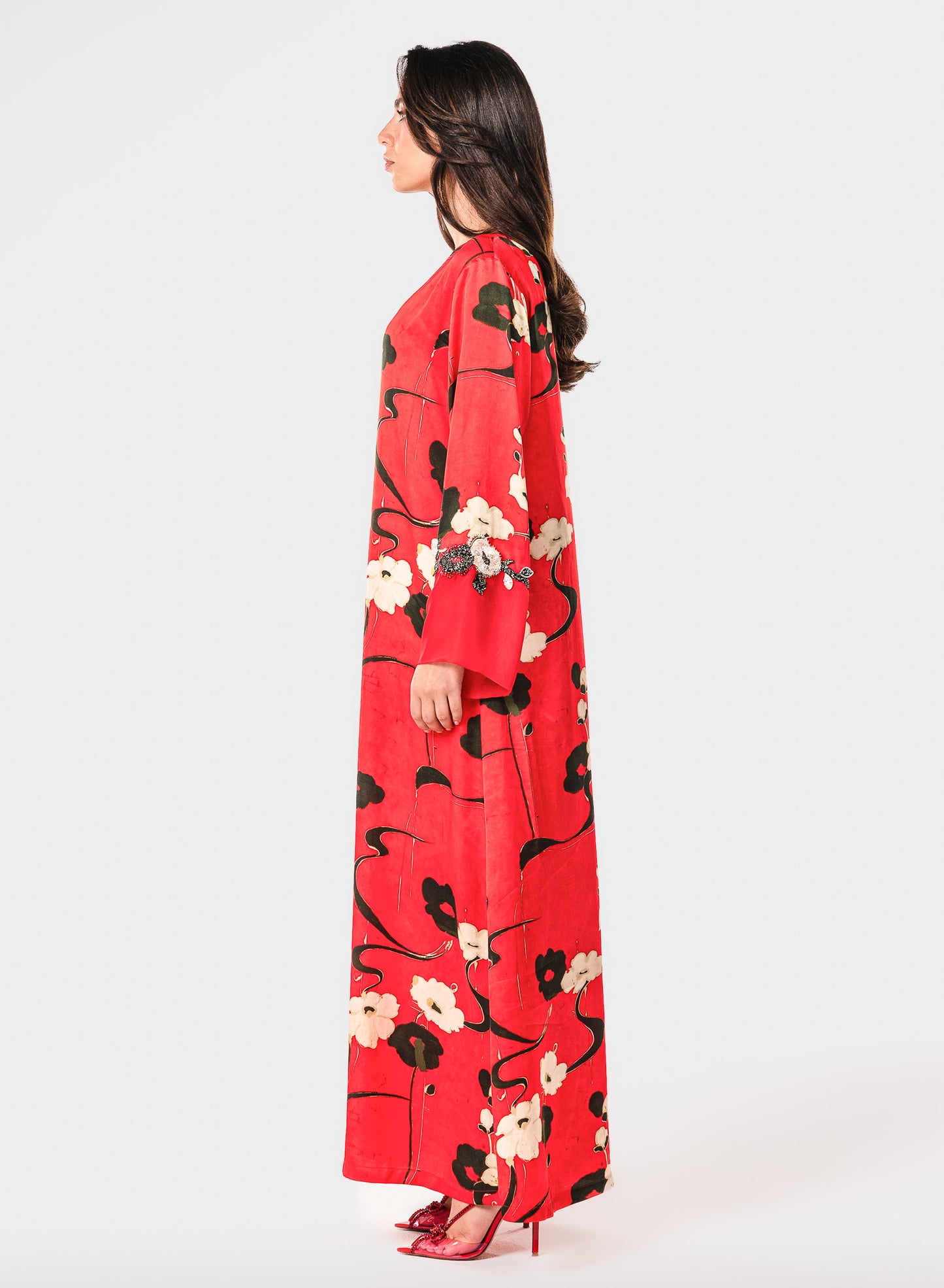 Italian Floral 3D Embroidered Rouge Jardin Viscose Satin Caftan