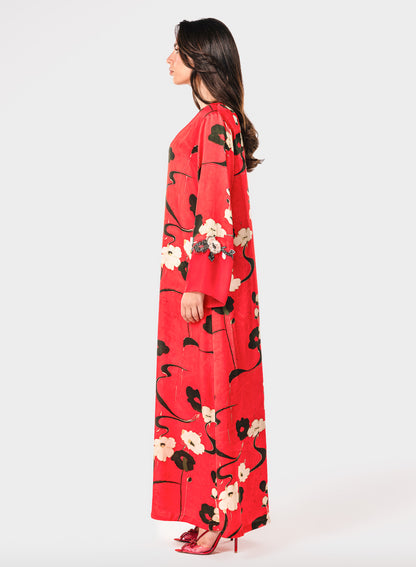 Italian Floral 3D Embroidered Rouge Jardin Viscose Satin Caftan