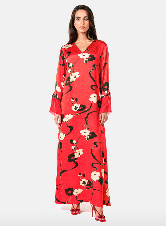 Italian Floral 3D Embroidered Rouge Jardin Viscose Satin Caftan