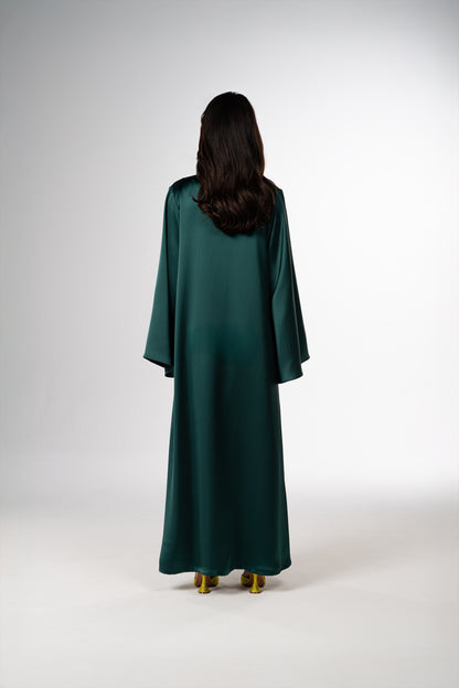 Forest Green Italian silk Caftan with 3D Floral Hand Embroidery back