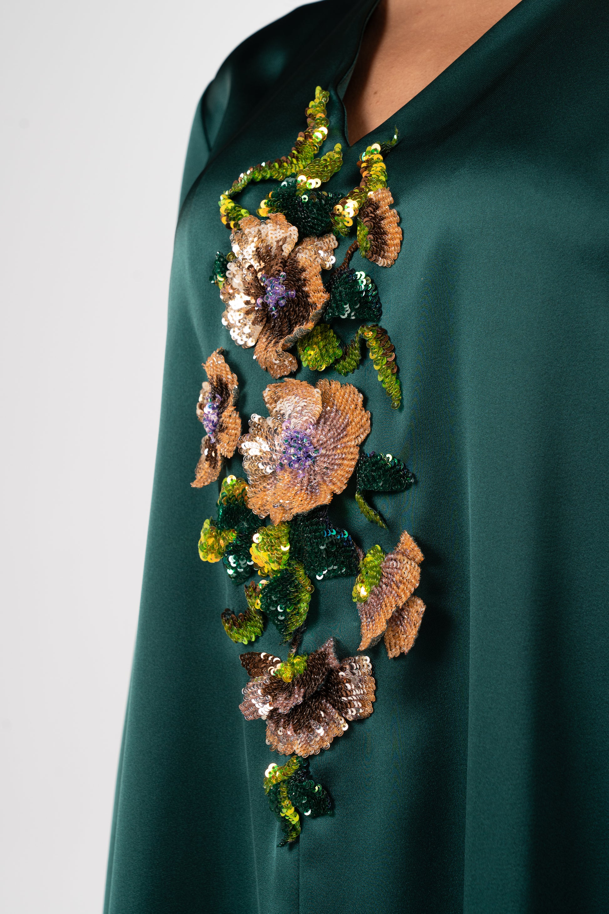 Forest Green Italian silk Caftan with 3D Floral Hand Embroidery close up