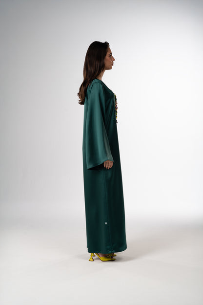 Forest Green Italian silk Caftan with 3D Floral Hand Embroidery side