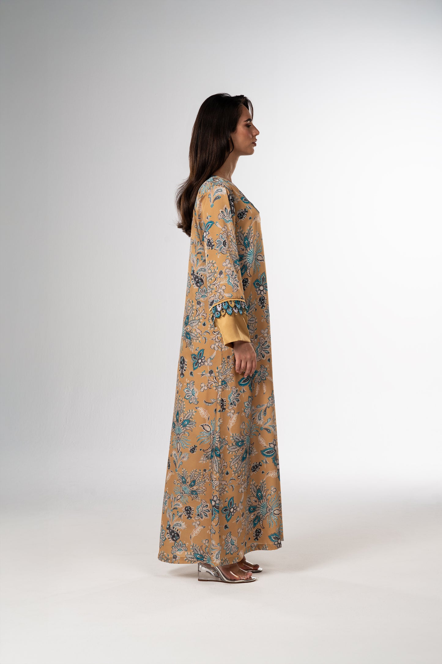 Golden Mirage Italian Viscose Satin Caftan with 3D Embroidered Cuffs side