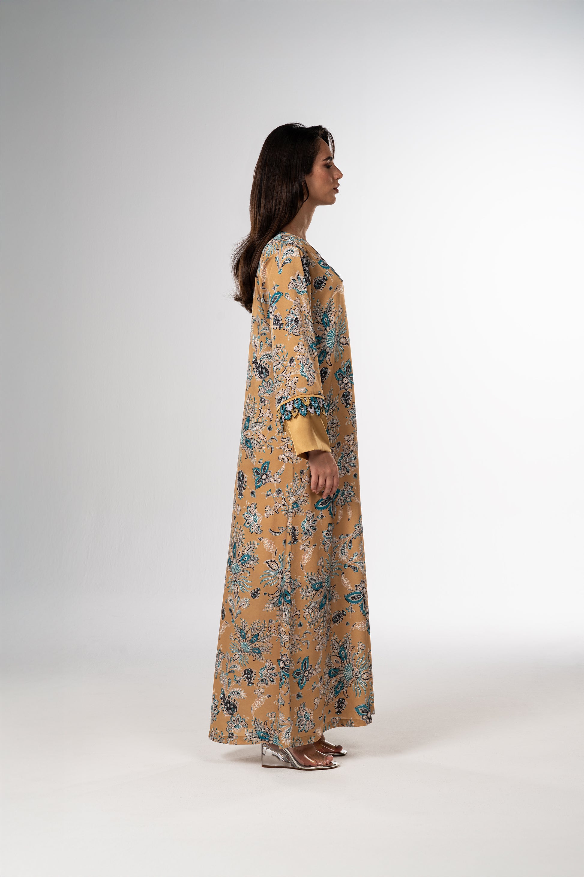 Golden Mirage Italian Viscose Satin Caftan with 3D Embroidered Cuffs side