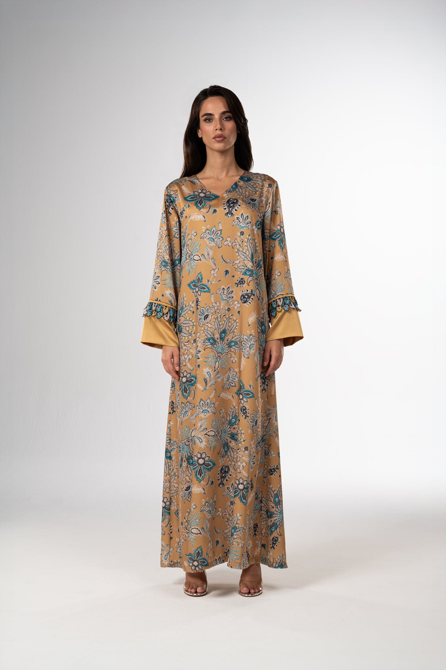 Golden Mirage Italian Viscose Satin Caftan with 3D Embroidered Cuffs
