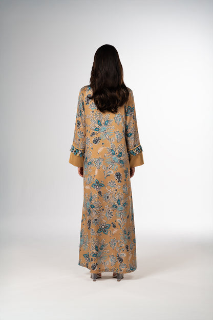 Golden Mirage Italian Viscose Satin Caftan with 3D Embroidered Cuffs back