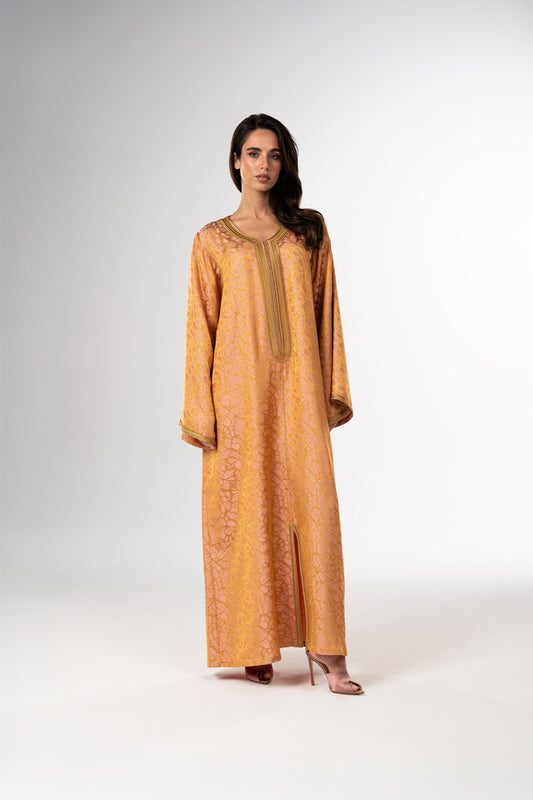 Golden Peach Italian Jacquard Caftan with Handcrafted Moroccan Embroidery
