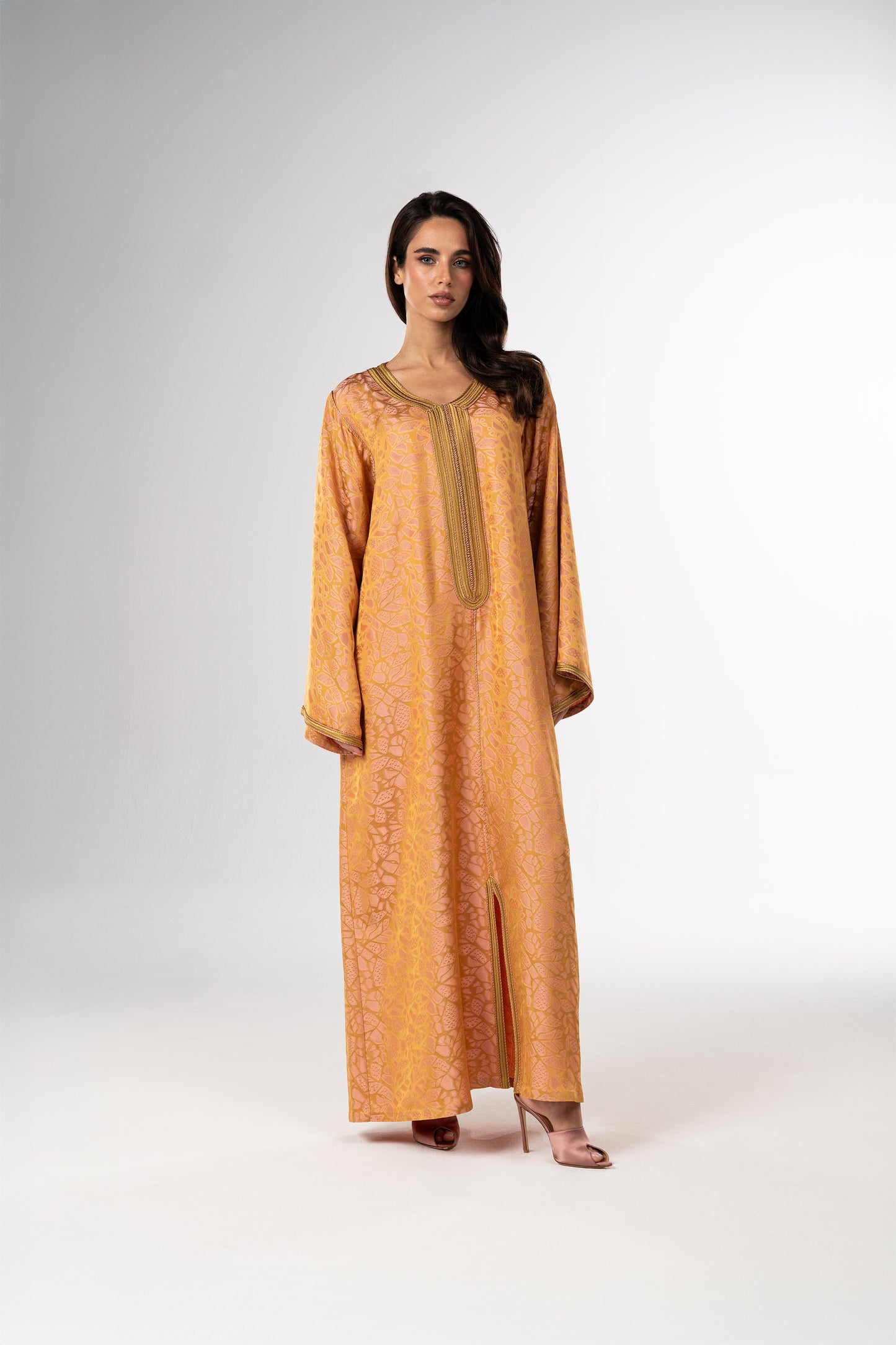 Golden Peach Italian Jacquard Caftan with Handcrafted Moroccan Embroidery