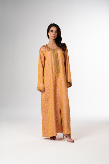 Golden Peach Italian Jacquard Caftan with Handcrafted Moroccan Embroidery