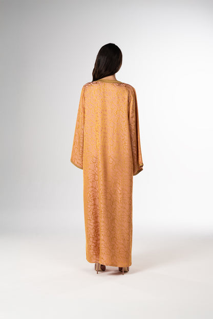 Golden Peach Italian Jacquard Caftan with Handcrafted Moroccan Embroidery back