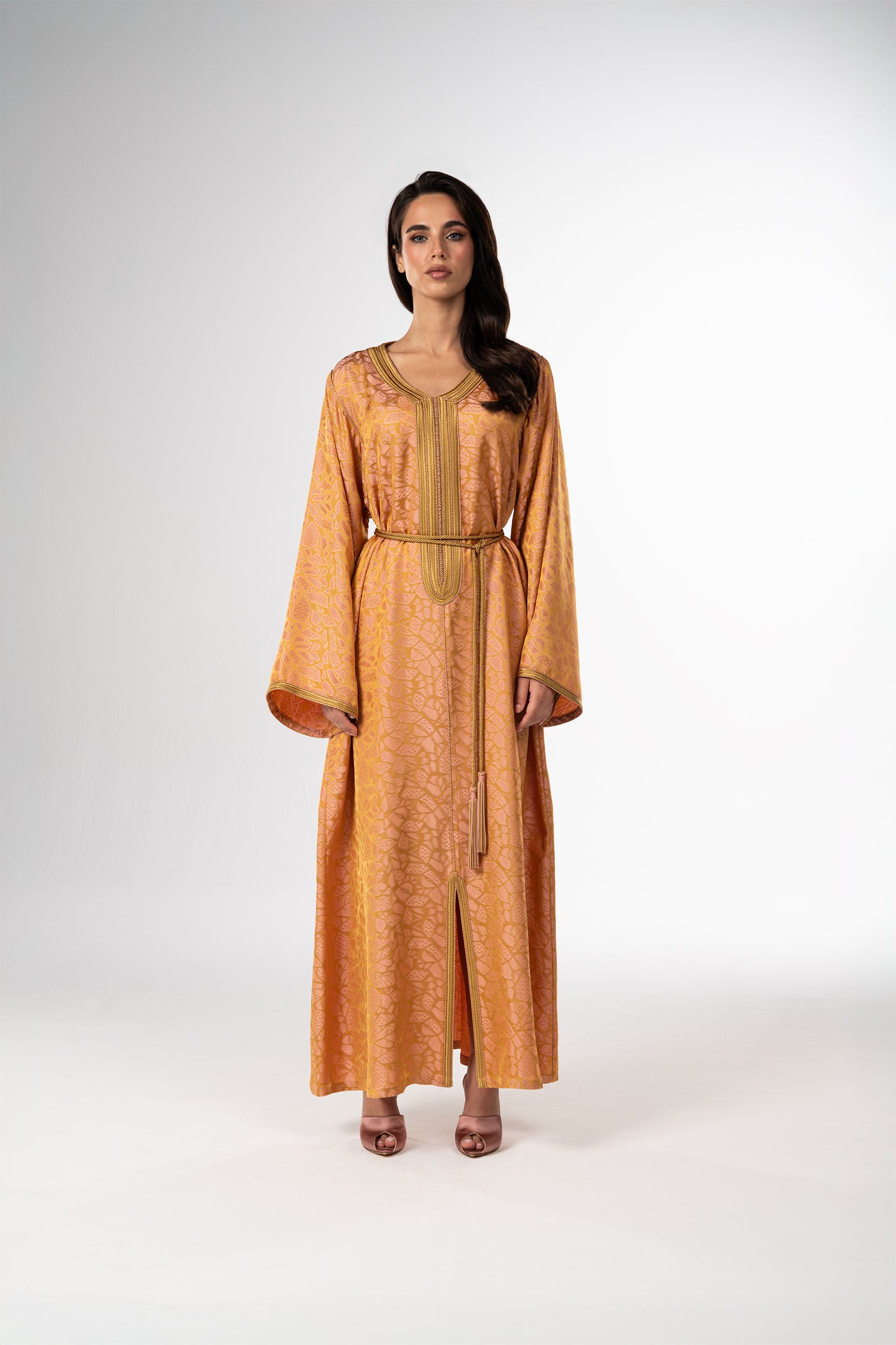 Golden Peach Italian Jacquard Caftan with Handcrafted Moroccan Embroidery