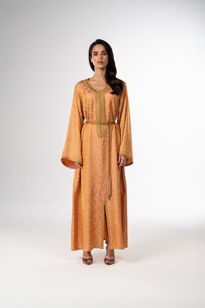 Golden Peach Italian Jacquard Caftan with Handcrafted Moroccan Embroidery