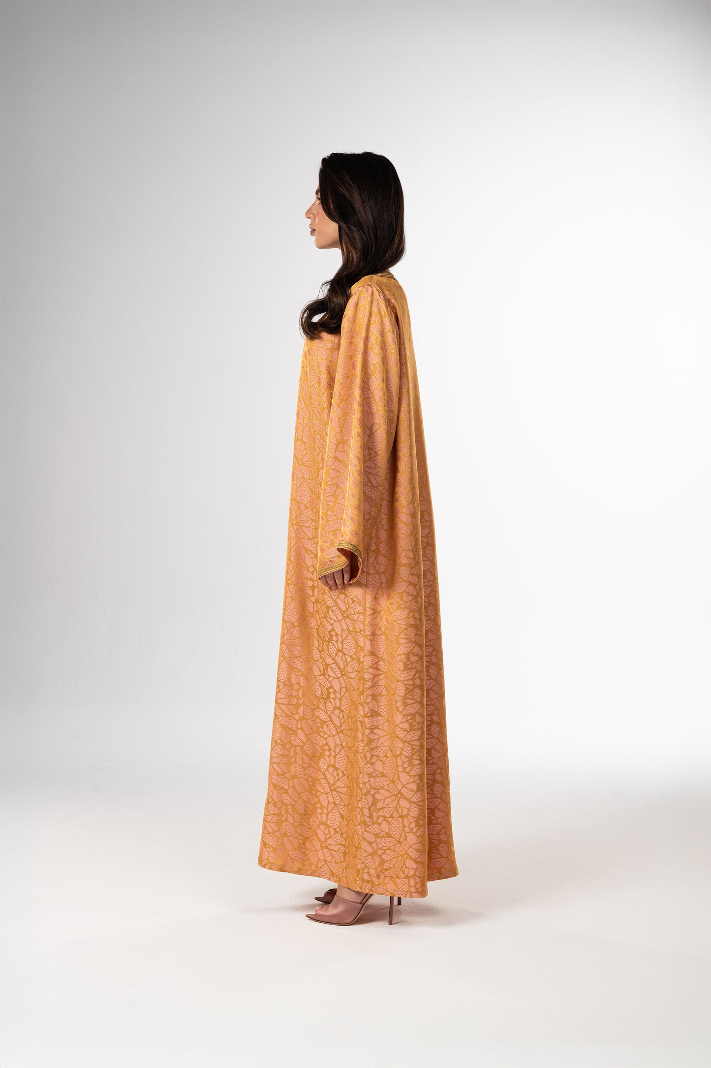 Golden Peach Italian Jacquard Caftan with Handcrafted Moroccan Embroidery side
