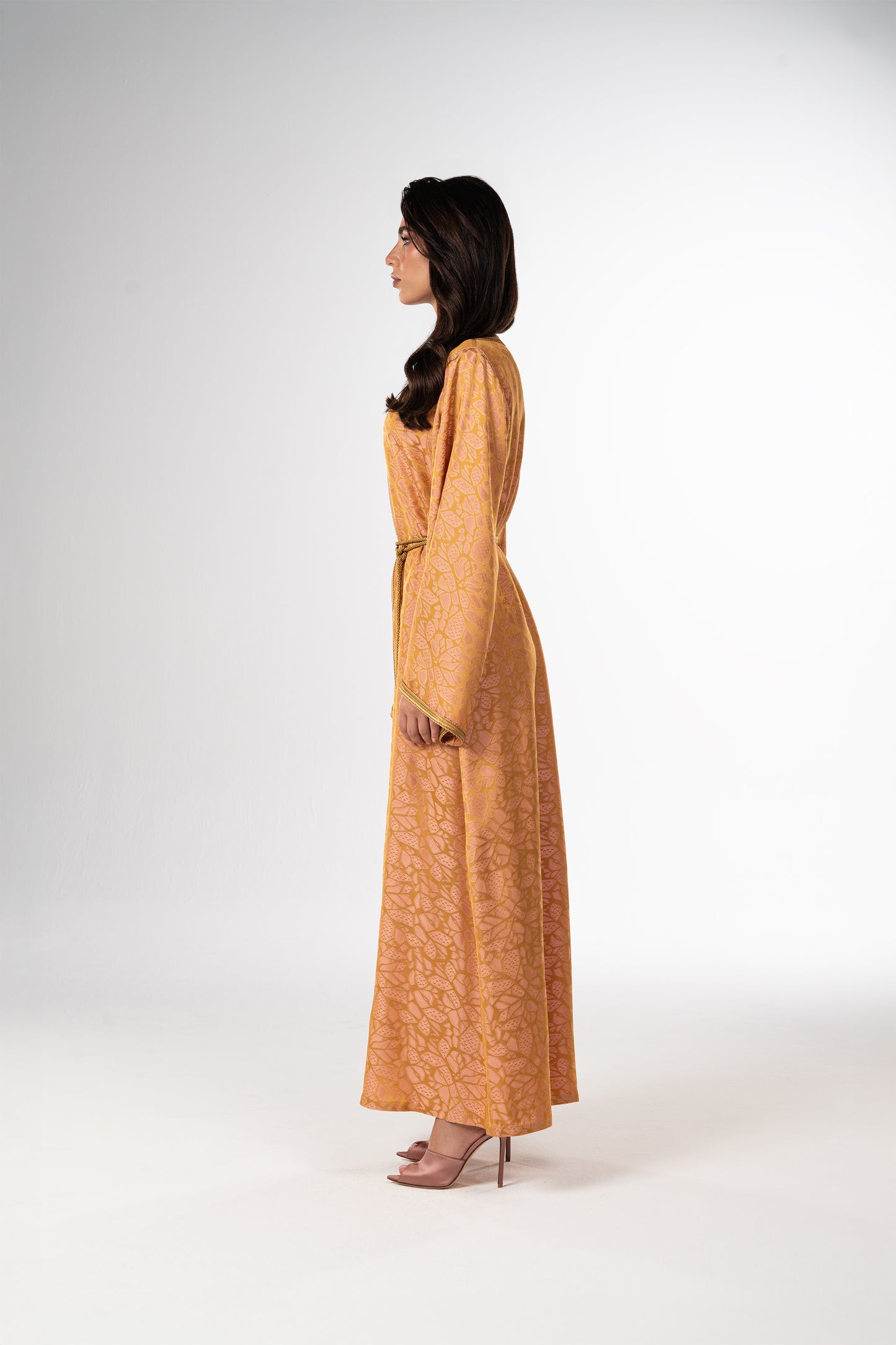 Golden Peach Italian Jacquard Caftan with Handcrafted Moroccan Embroidery side belt