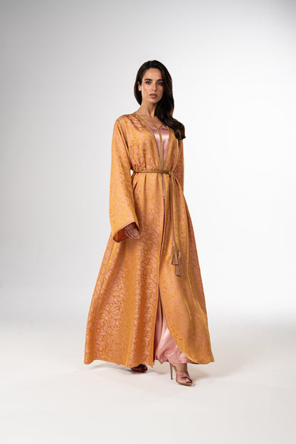 Golden Rose Jacquard Two-Piece Caftan with Satin Inner Dress front