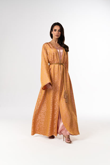 Golden Rose Jacquard Two-Piece Caftan with Viscose Satin Inner Dress إصدارا محدود يدوية بالكامل