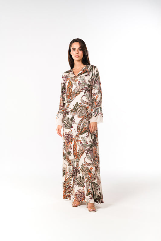 Italian Autumn Ornament Embroidered Viscose Satin Caftan