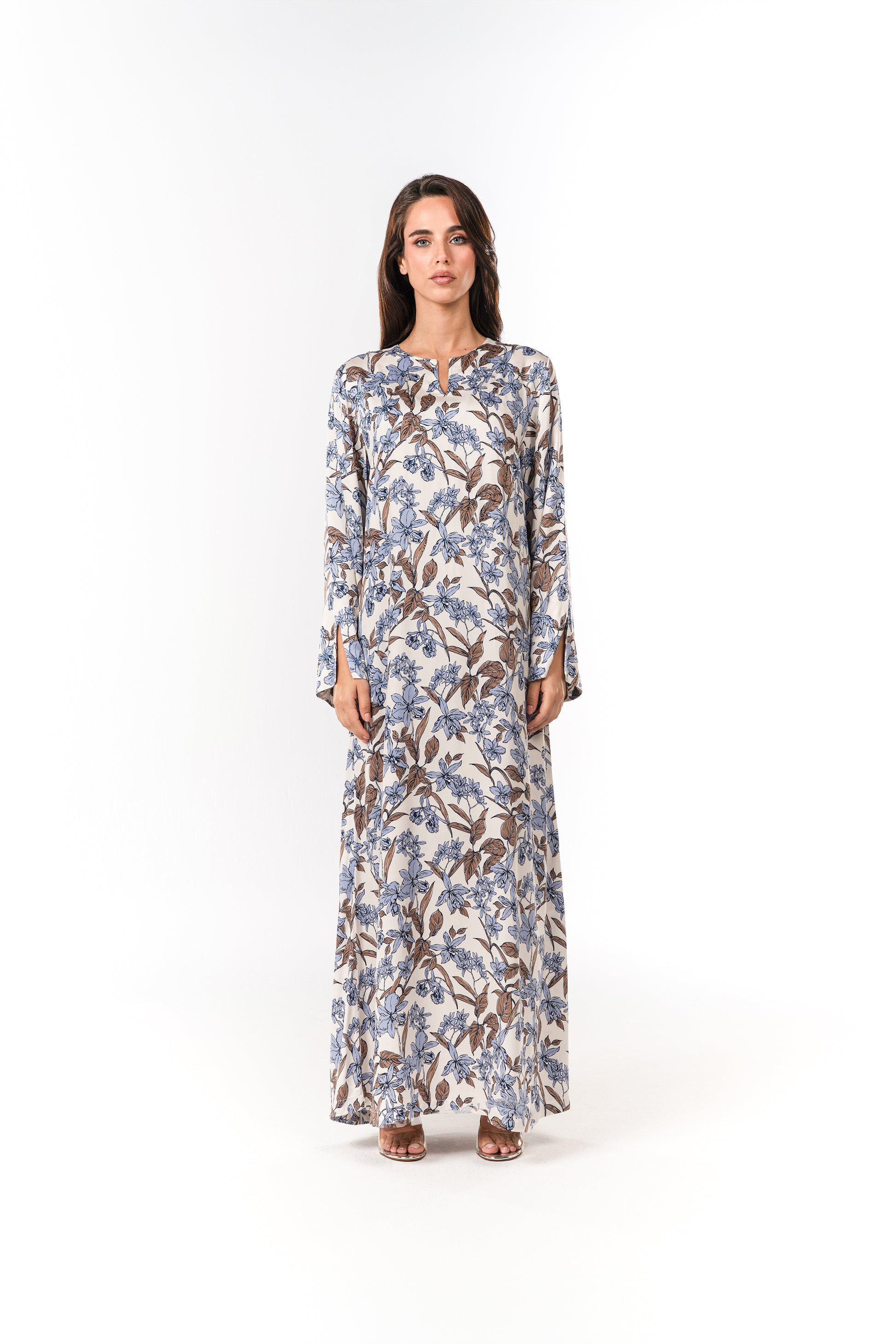 Italian Azure Bloom Viscose Satin Caftan