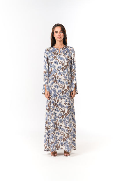 Italian Azure Bloom Viscose Satin Caftan