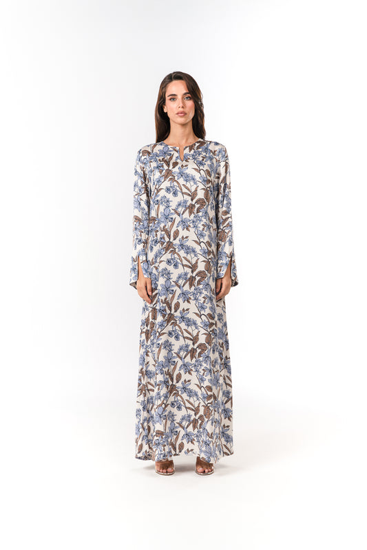 Italian Azure Bloom Viscose Satin Caftan