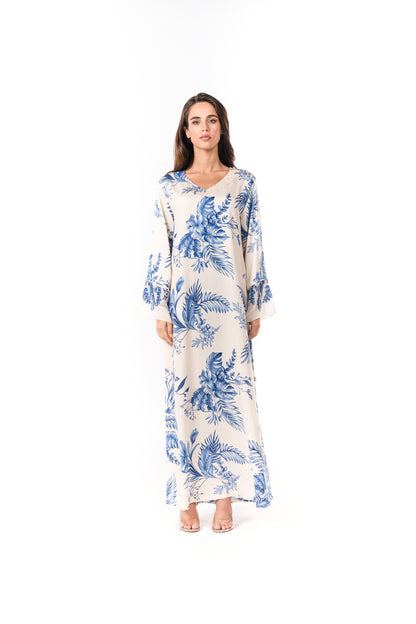 Italian Floral 3D Embroidered Azure Botanica Viscose Satin Caftan