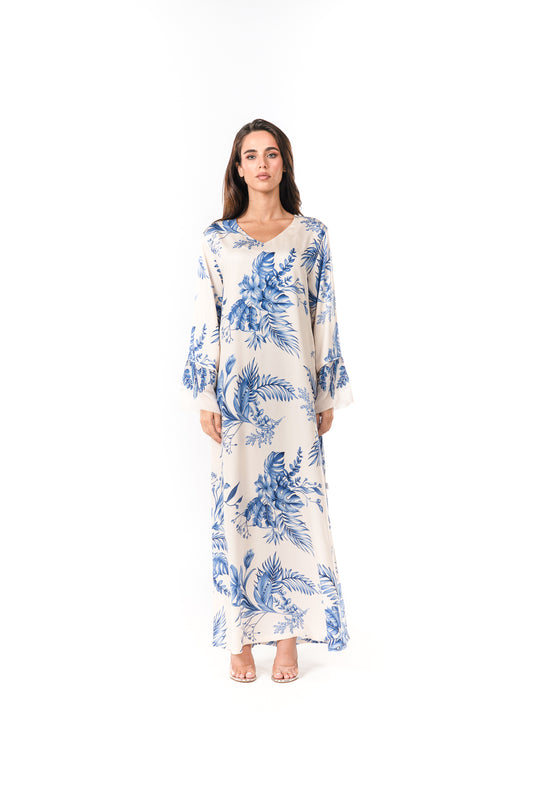 Italian Floral 3D Embroidered Azure Botanica Viscose Satin Caftan