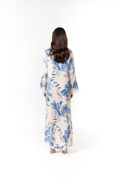 Italian Floral 3D Embroidered Azure Botanica Viscose Satin Caftan